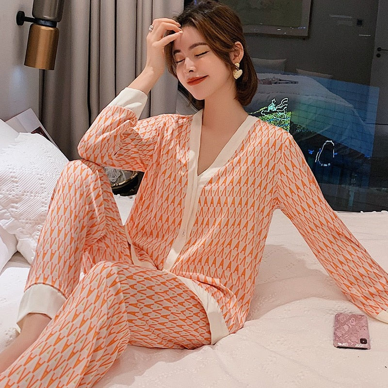 Pajamas - Women Satin Print Nightwear Casual 2PCS P V-Neck Intimate Lingerie