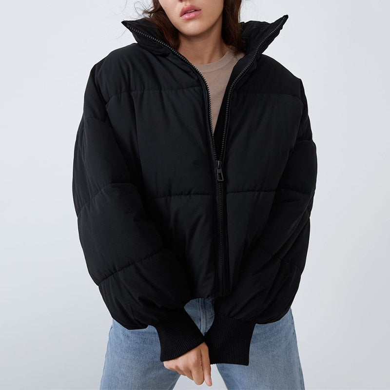 Gtealife Fashion Stand Collar Parkas Thick Warm Winter Bubble Coats Khaki Jackets Pockets Zipper Simple Overcoats