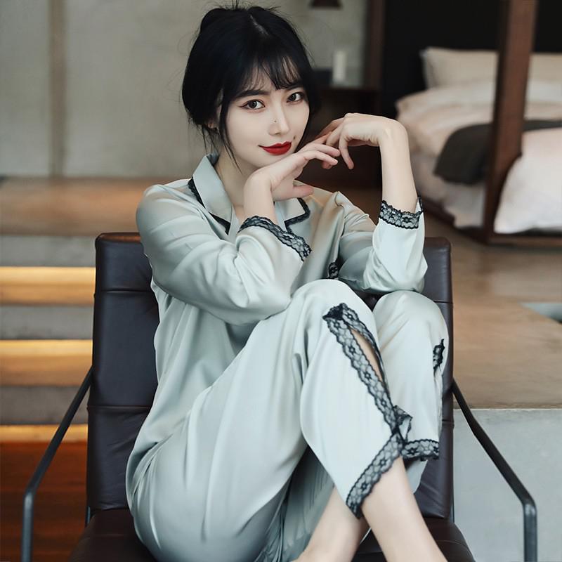 Lace 2PCS Sleepwear Satin Pajamas Suit Summer Pajamas Casual Intimate Lingerie Long Sleeve Shirt Pants Lounge Wear