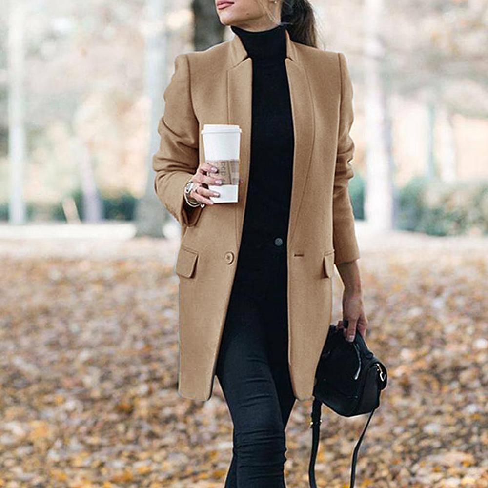 Women Trench Long Coat Autumn Winter Lapel Long Sleeve Coats Office Ladies Solid Slim Overcoat Outwear Abrigo Mujer