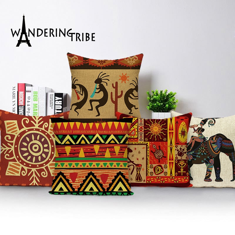 African Style Cushion Cover, African Style Pillow Case Linen Print Color Cloth for Sofa Throw Pillows