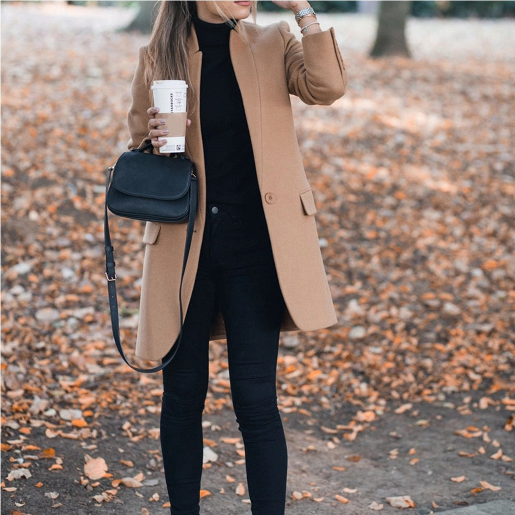 Women Trench Long Coat Autumn Winter Lapel Long Sleeve Coats Office Ladies Solid Slim Overcoat Outwear Abrigo Mujer