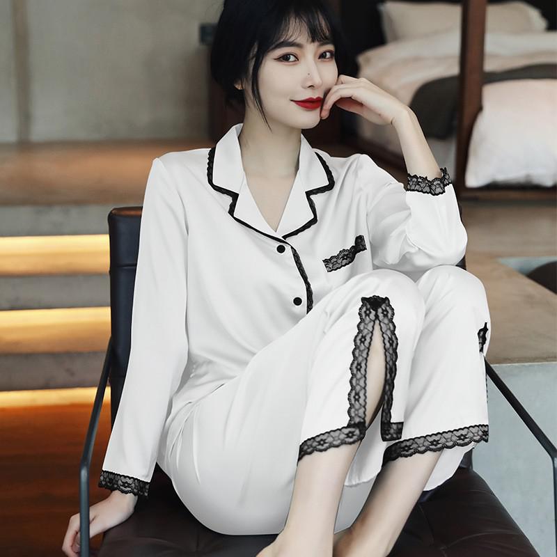 Lace 2PCS Sleepwear Satin Pajamas Suit Summer Pajamas Casual Intimate Lingerie Long Sleeve Shirt Pants Lounge Wear