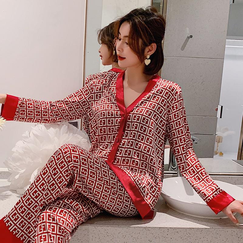 Pajamas - Women Satin Print Nightwear Casual 2PCS P V-Neck Intimate Lingerie