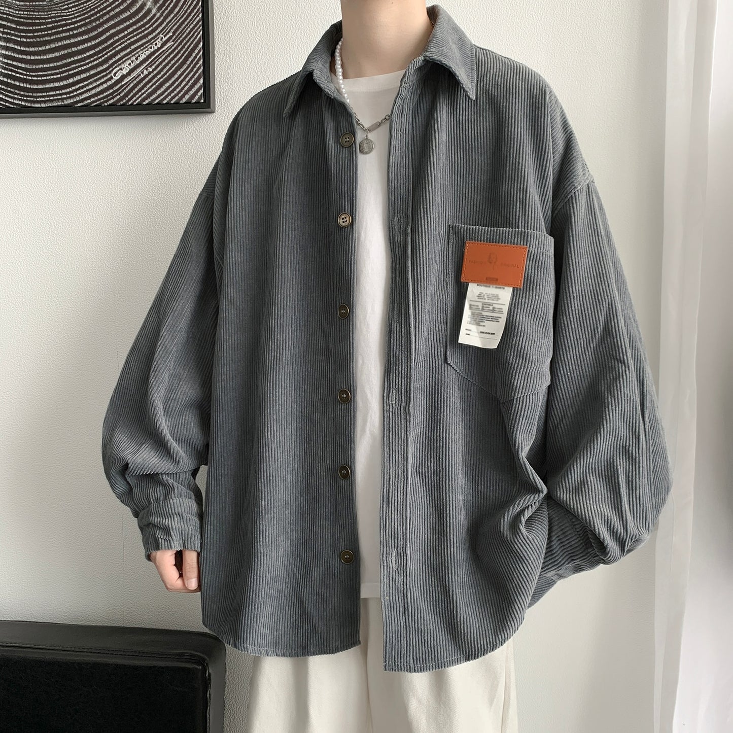 Privathinker Corduroy Long Sleeve Shirts - Unisex Fashion Casual Oversize Shirt Printed Clothing