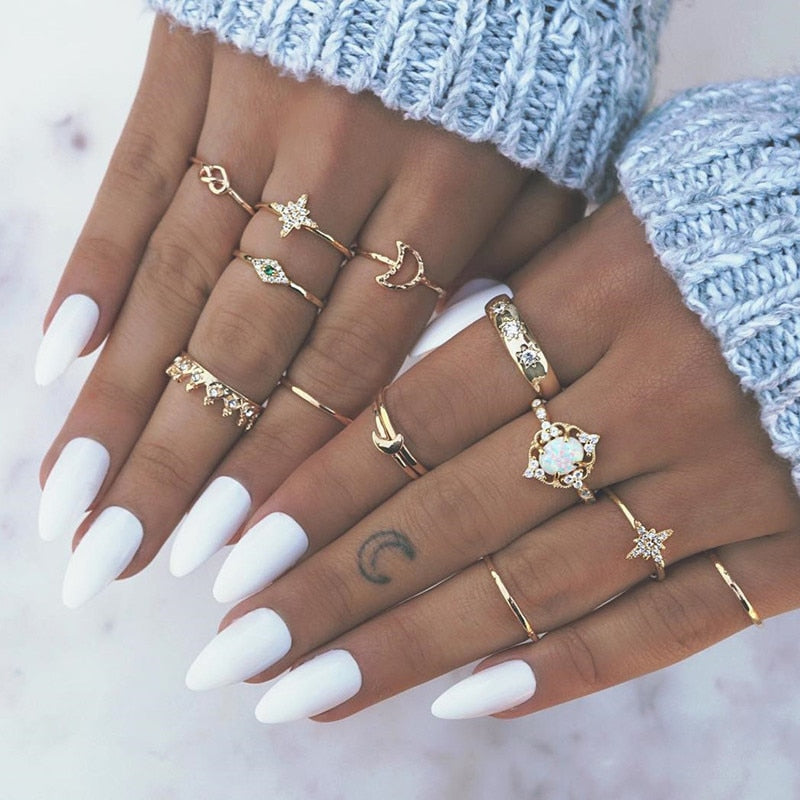 17 Pcs/Set Boho Vintage Gold Color Crystal Opal Gem Ring Set Crown Star Water Drop Geometric Party Rings for Women Jewelry Gifts