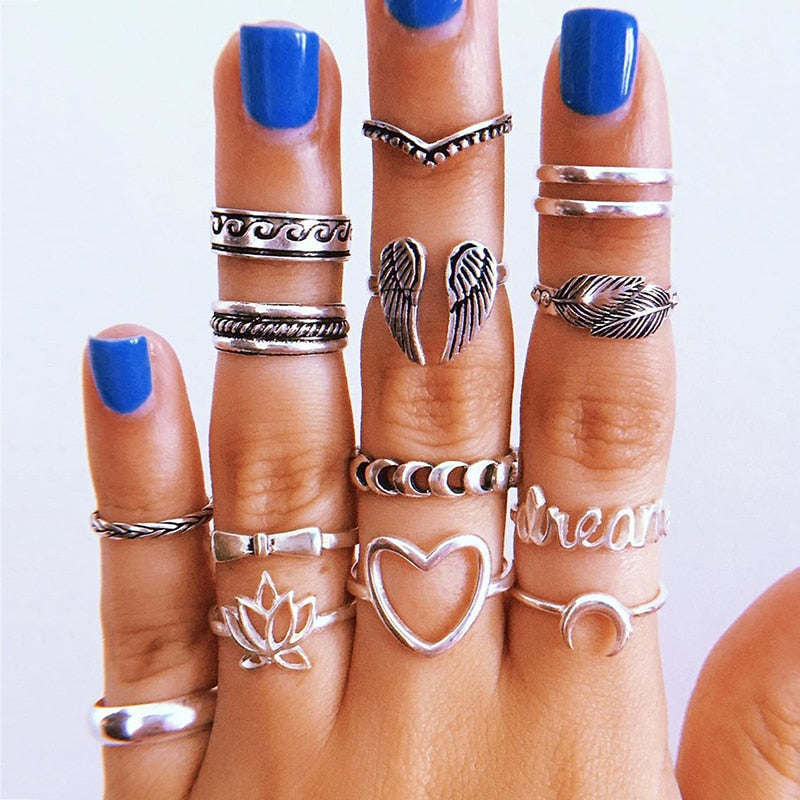 17 Pcs/Set Boho Vintage Gold Color Crystal Opal Gem Ring Set Crown Star Water Drop Geometric Party Rings for Women Jewelry Gifts