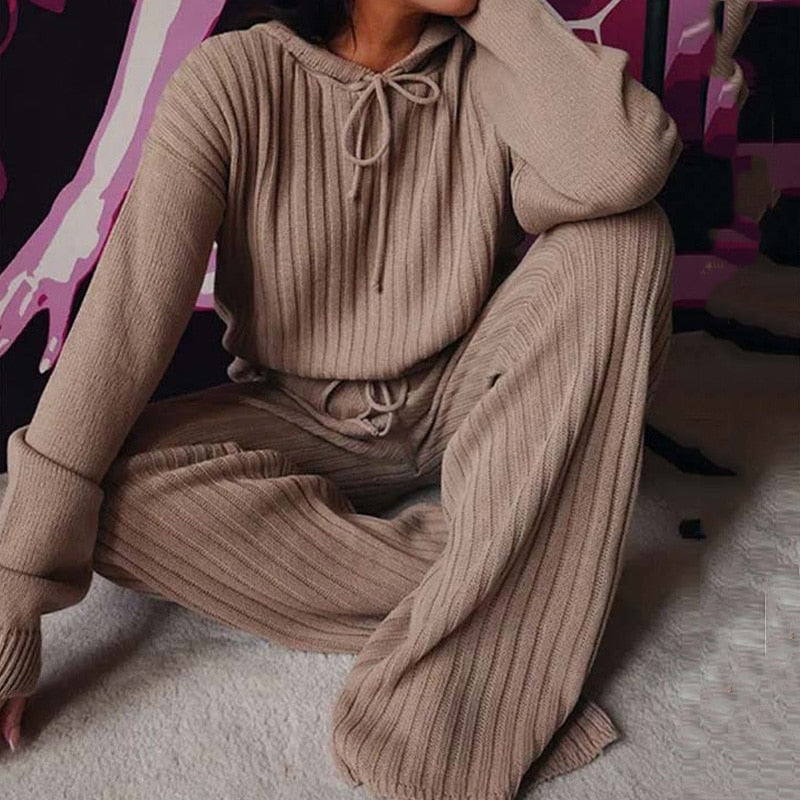 Knitted Pajama Set, Hooded Pajama Pants, Home Long Sleeve Sleepwear Loose Lounge Wear
