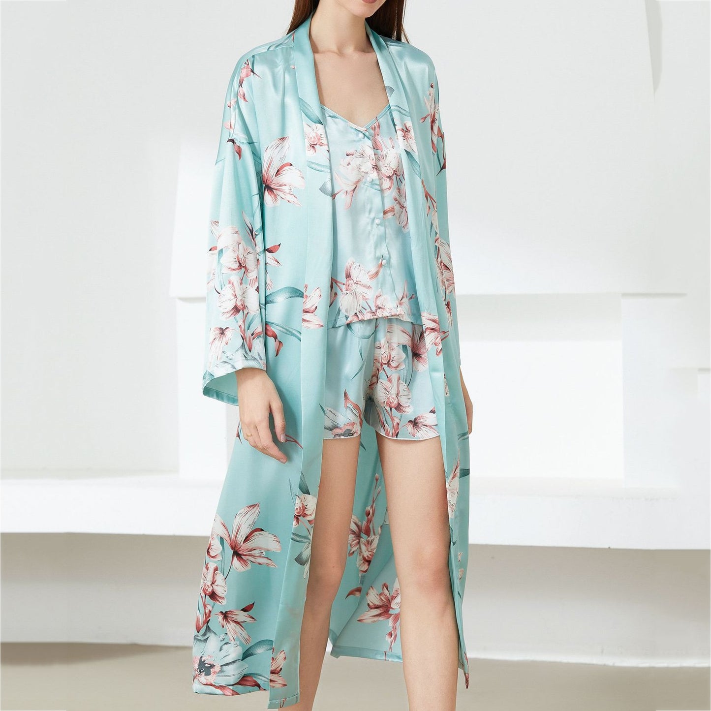 Print Flower Nighty&Robe Suit Sleepwear Sexy Satin Kimono Gown Women Bathrobe Intimate Lingerie Nightwear Silky Nightgown