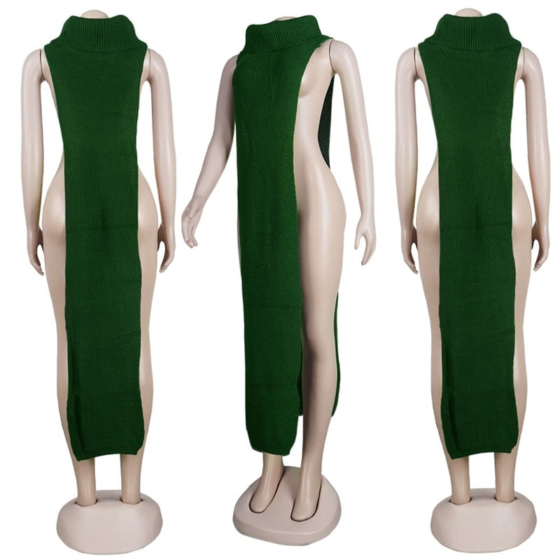 HAOYUAN Sexy Knitted Side Split Sweater Sleeveless Spring Y2k Outfits Birthday Party Long Maxi Dresses