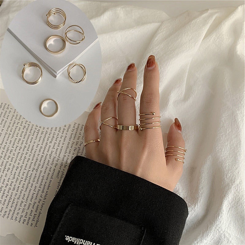 LATS 7pcs Fashion Jewelry Rings Set Metal Hollow Round Opening Party Wedding Gifts