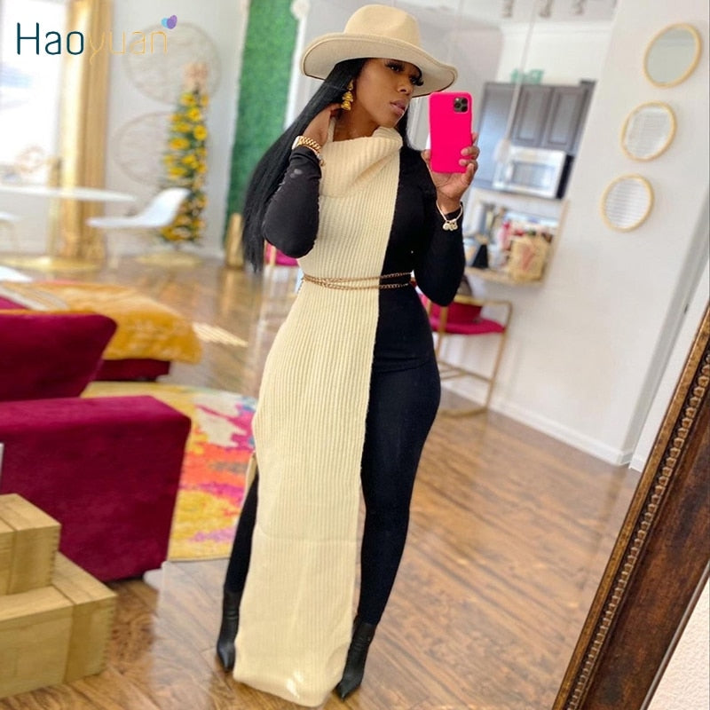 HAOYUAN Sexy Knitted Side Split Sweater Sleeveless Spring Y2k Outfits Birthday Party Long Maxi Dresses