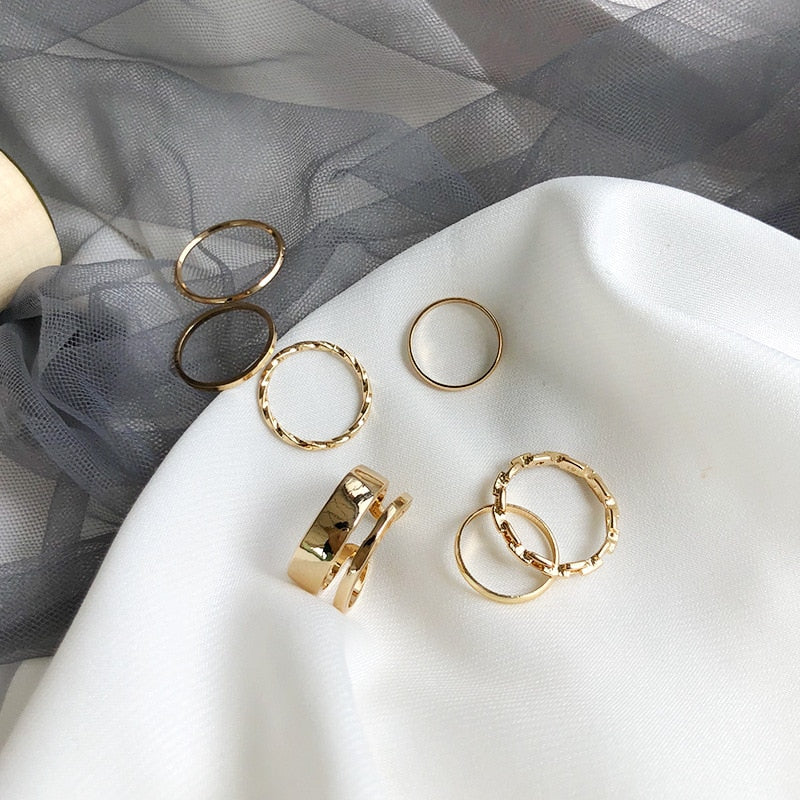 LATS 7pcs Fashion Jewelry Rings Set Metal Hollow Round Opening Party Wedding Gifts