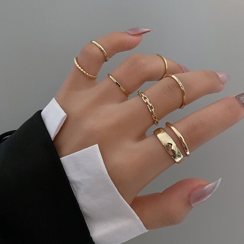 LATS 7pcs Fashion Jewelry Rings Set Metal Hollow Round Opening Party Wedding Gifts