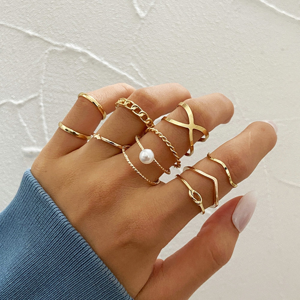 LATS 7pcs Fashion Jewelry Rings Set Metal Hollow Round Opening Party Wedding Gifts
