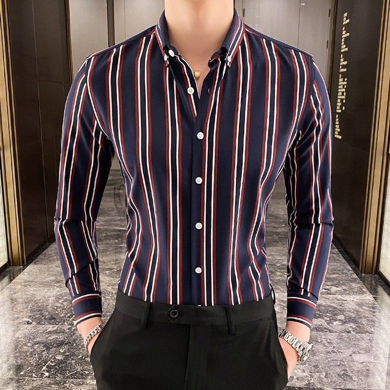 Casual Button Down Shirt, Design Brand Slim Fit, Long Sleeve Striped Shirts