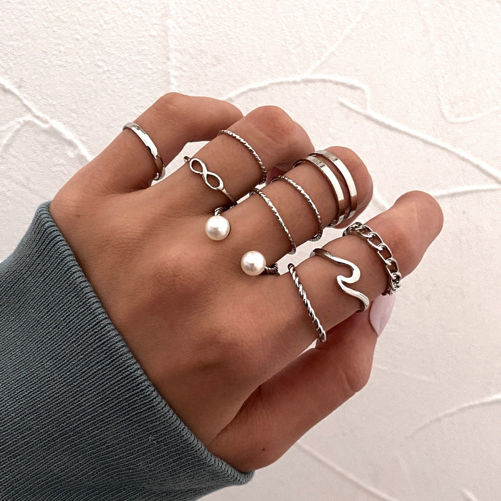 LATS 7pcs Fashion Jewelry Rings Set Metal Hollow Round Opening Party Wedding Gifts