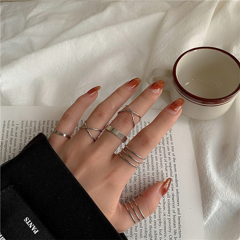 LATS 7pcs Fashion Jewelry Rings Set Metal Hollow Round Opening Party Wedding Gifts