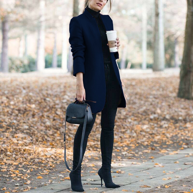 Women Trench Long Coat Autumn Winter Lapel Long Sleeve Coats Office Ladies Solid Slim Overcoat Outwear Abrigo Mujer