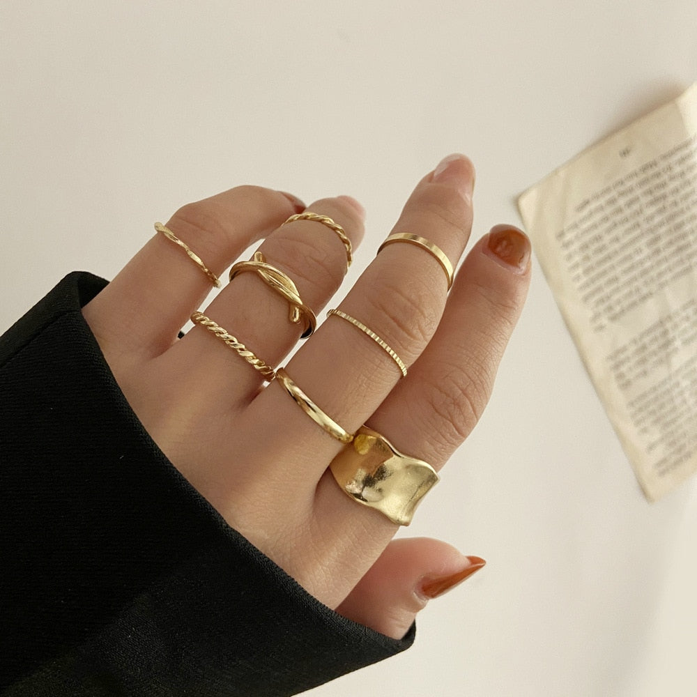LATS 7pcs Fashion Jewelry Rings Set Metal Hollow Round Opening Party Wedding Gifts