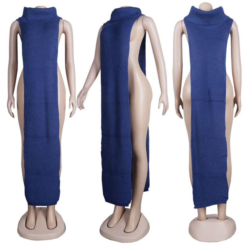 HAOYUAN Sexy Knitted Side Split Sweater Sleeveless Spring Y2k Outfits Birthday Party Long Maxi Dresses