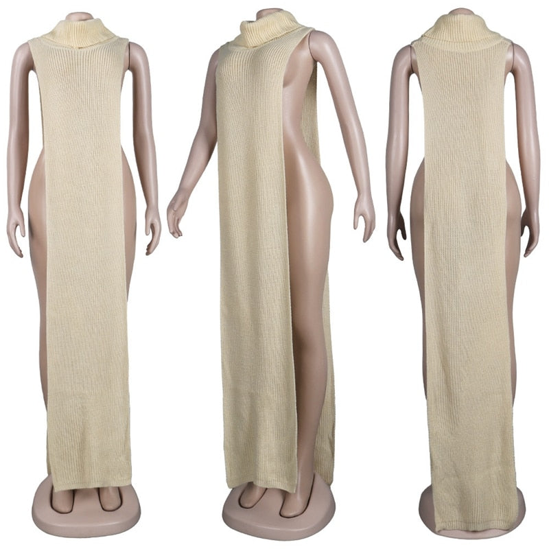 HAOYUAN Sexy Knitted Side Split Sweater Sleeveless Spring Y2k Outfits Birthday Party Long Maxi Dresses
