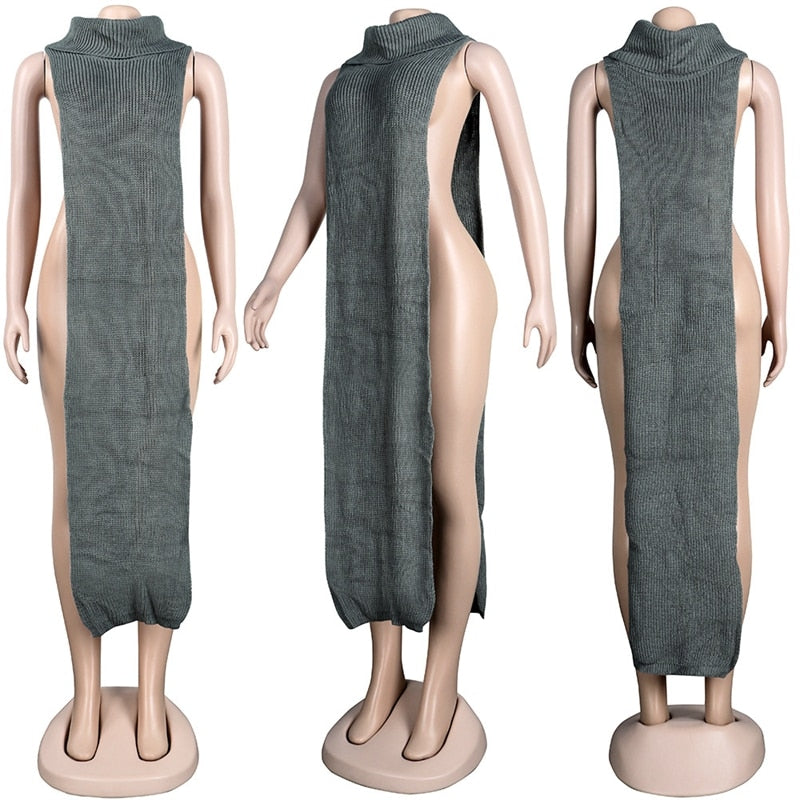 HAOYUAN Sexy Knitted Side Split Sweater Sleeveless Spring Y2k Outfits Birthday Party Long Maxi Dresses