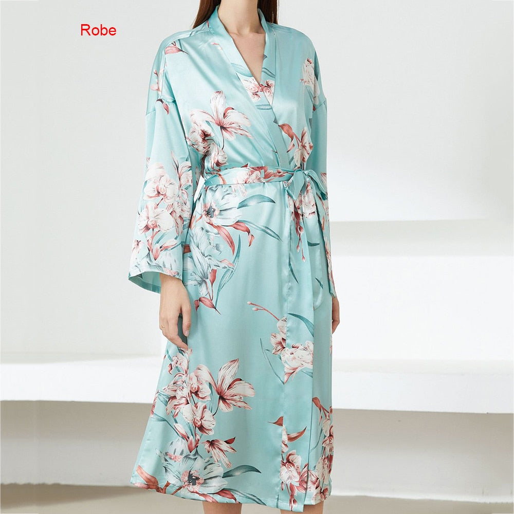 Print Flower Nighty&Robe Suit Sleepwear Sexy Satin Kimono Gown Women Bathrobe Intimate Lingerie Nightwear Silky Nightgown