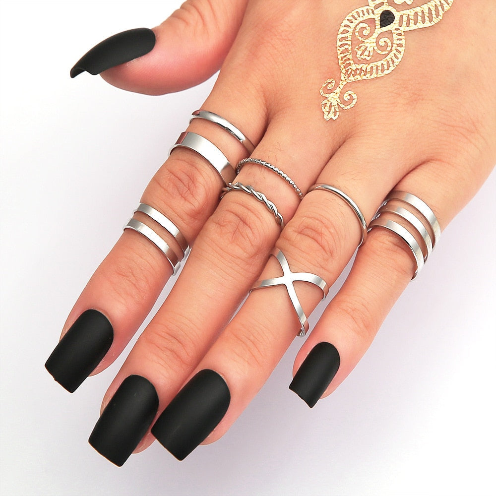 LATS 7pcs Fashion Jewelry Rings Set Metal Hollow Round Opening Party Wedding Gifts
