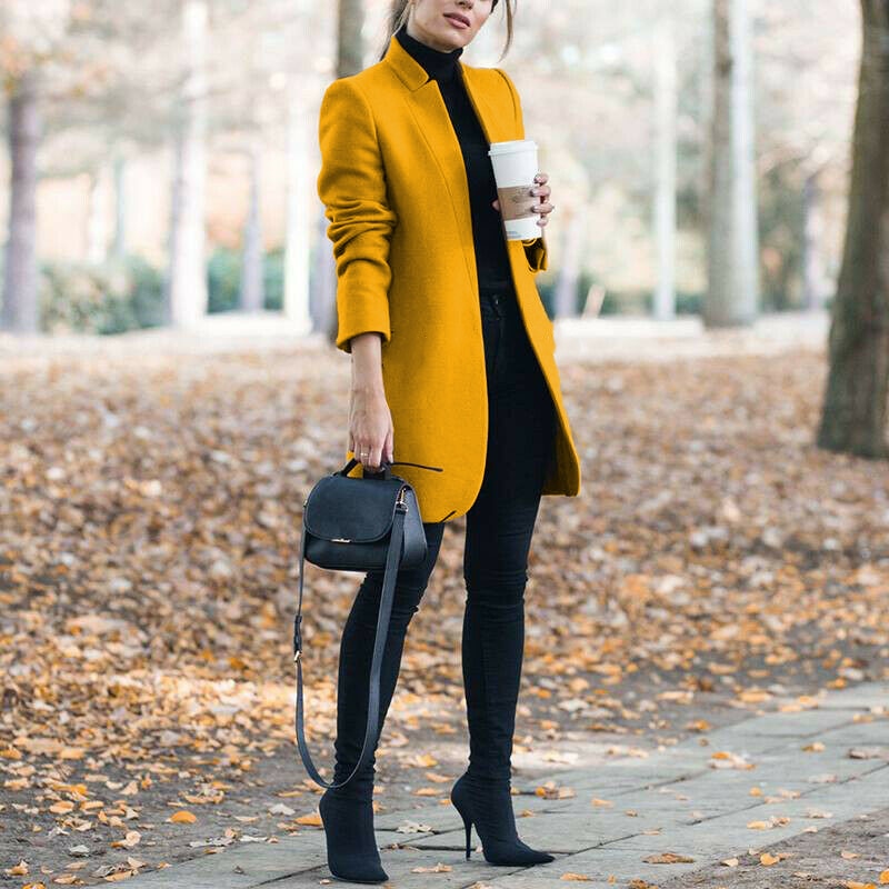 Women Trench Long Coat Autumn Winter Lapel Long Sleeve Coats Office Ladies Solid Slim Overcoat Outwear Abrigo Mujer