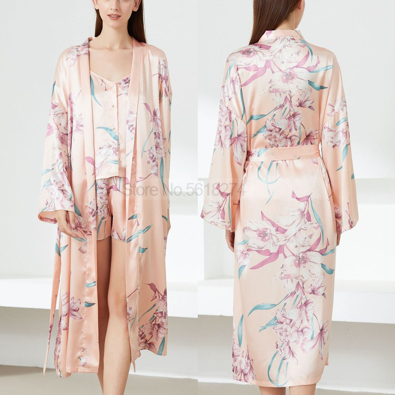 Print Flower Nighty&Robe Suit Sleepwear Sexy Satin Kimono Gown Women Bathrobe Intimate Lingerie Nightwear Silky Nightgown