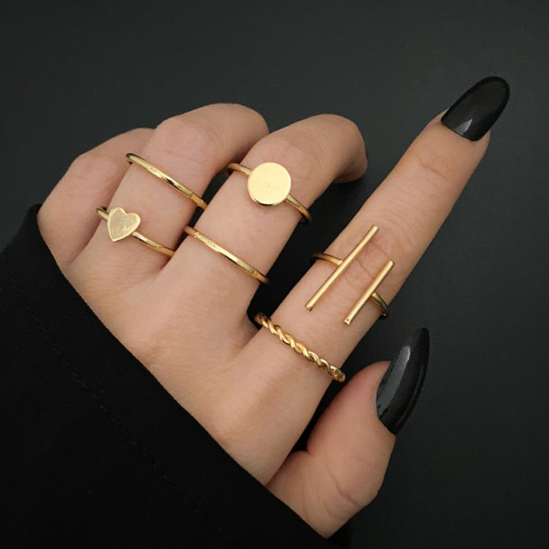 LATS 7pcs Fashion Jewelry Rings Set Metal Hollow Round Opening Party Wedding Gifts