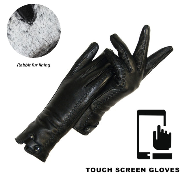 New Gloves Genuine Leather Winter Warm Fluff Woman Soft Female Rabbit Fur Lining Riveted Clasp High-quality Mittens