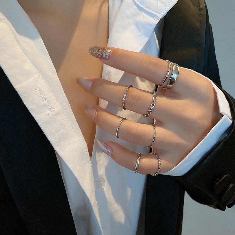 LATS 7pcs Fashion Jewelry Rings Set Metal Hollow Round Opening Party Wedding Gifts