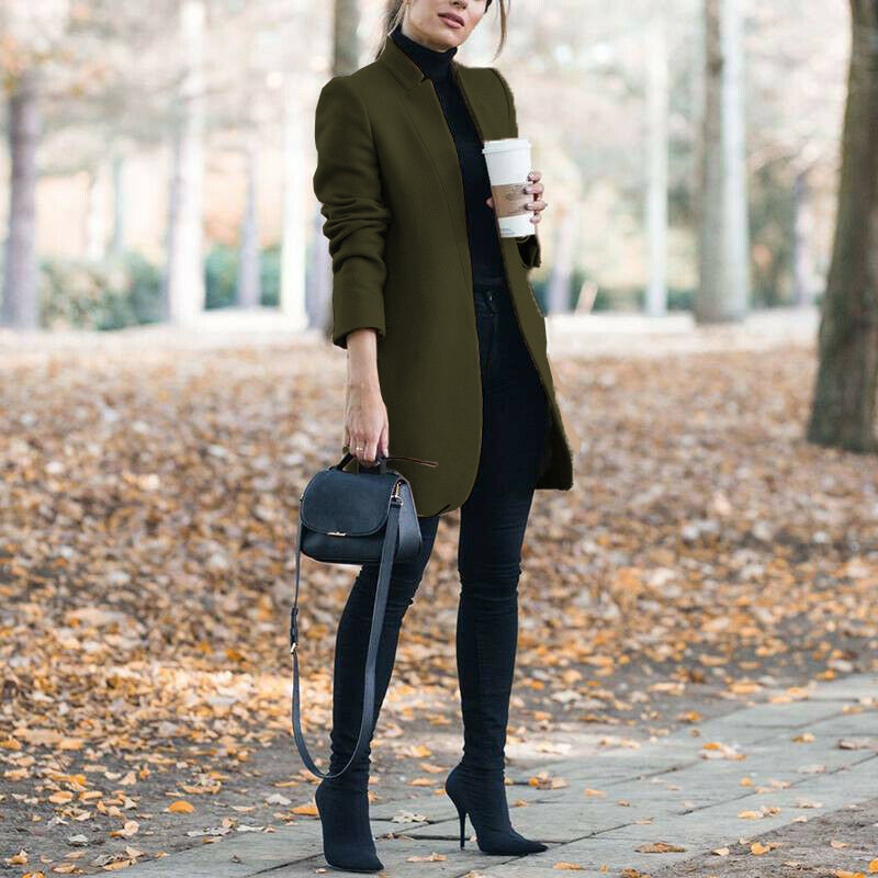 Women Trench Long Coat Autumn Winter Lapel Long Sleeve Coats Office Ladies Solid Slim Overcoat Outwear Abrigo Mujer