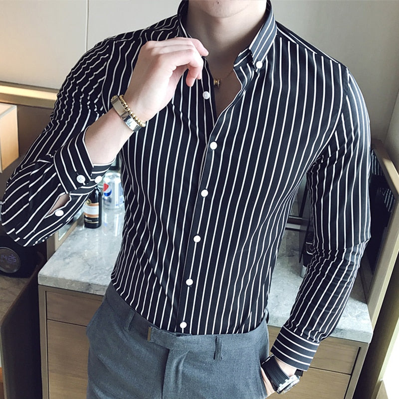 Casual Button Down Shirt, Design Brand Slim Fit, Long Sleeve Striped Shirts