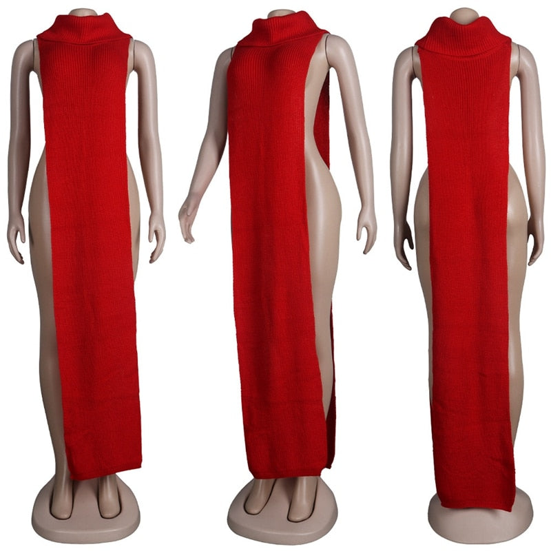 HAOYUAN Sexy Knitted Side Split Sweater Sleeveless Spring Y2k Outfits Birthday Party Long Maxi Dresses