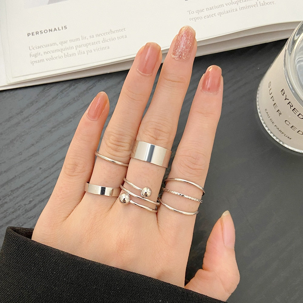 LATS 7pcs Fashion Jewelry Rings Set Metal Hollow Round Opening Party Wedding Gifts