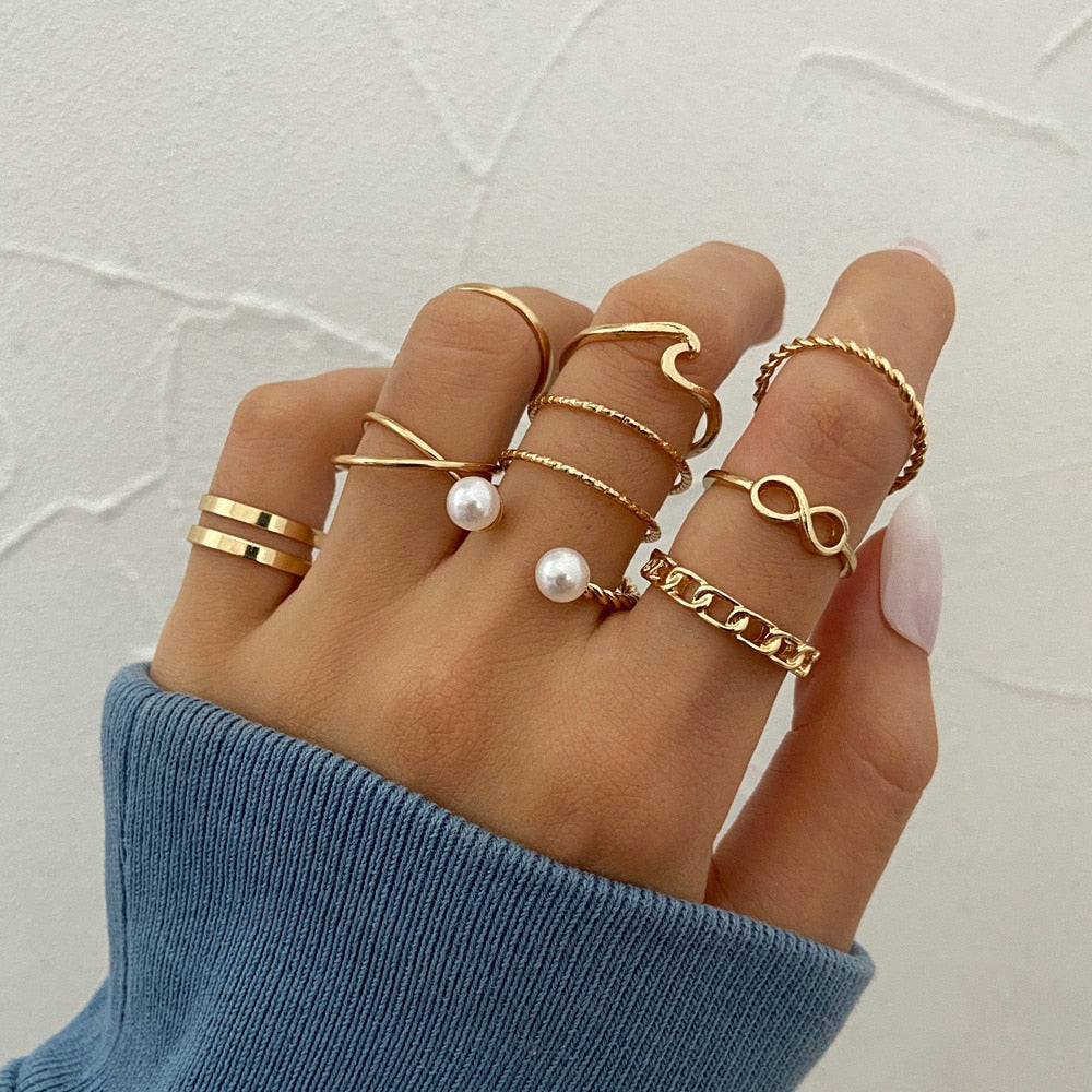 LATS 7pcs Fashion Jewelry Rings Set Metal Hollow Round Opening Party Wedding Gifts