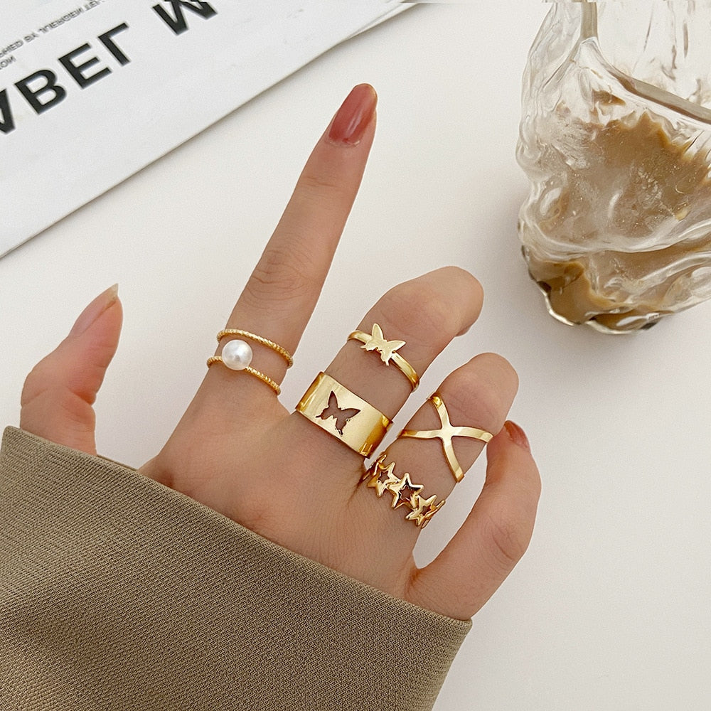 LATS 7pcs Fashion Jewelry Rings Set Metal Hollow Round Opening Party Wedding Gifts