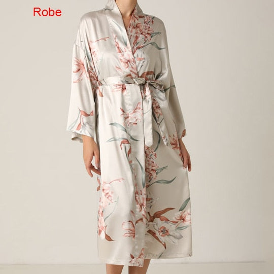 Print Flower Nighty&Robe Suit Sleepwear Sexy Satin Kimono Gown Women Bathrobe Intimate Lingerie Nightwear Silky Nightgown