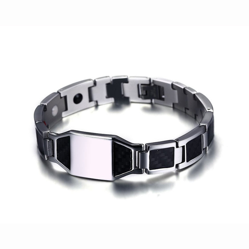 Custom Made Bracelet, Black Stainless Steel Bracelet with Carbon Fiber Inlay Logo Fashion Jewelry