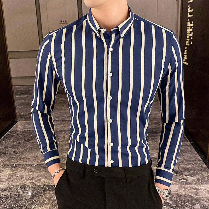 Casual Button Down Shirt, Design Brand Slim Fit, Long Sleeve Striped Shirts