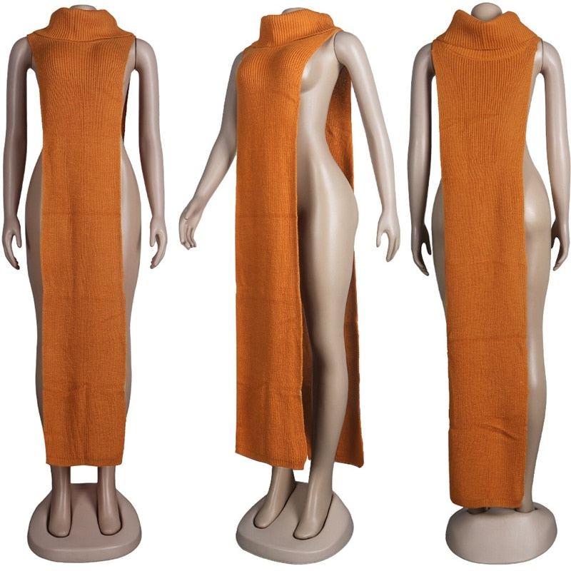 HAOYUAN Sexy Knitted Side Split Sweater Sleeveless Spring Y2k Outfits Birthday Party Long Maxi Dresses