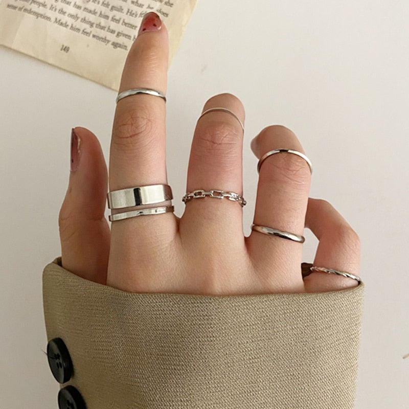 LATS 7pcs Fashion Jewelry Rings Set Metal Hollow Round Opening Party Wedding Gifts