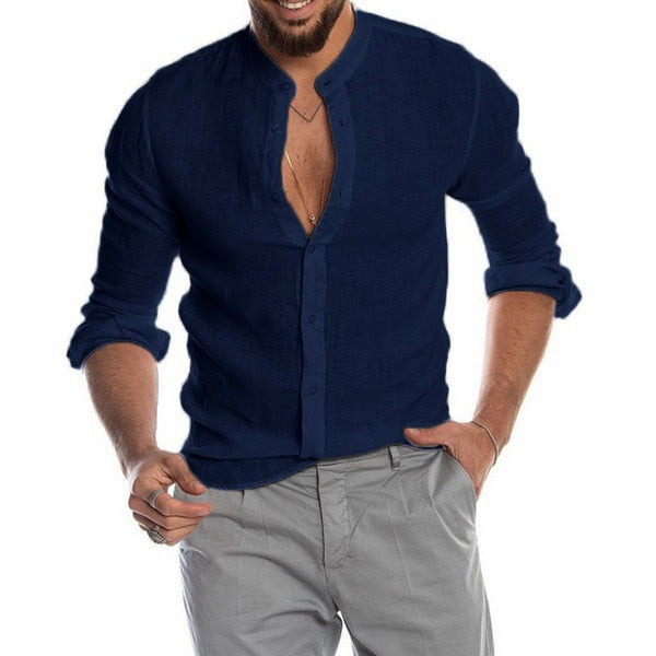 Solid Color Linen Long Sleeve Shirt Cardigan Long Sleeve Men's Shirt