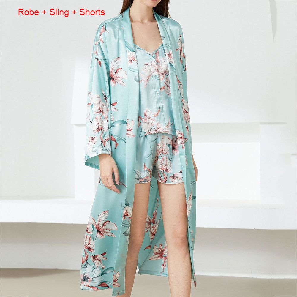 Print Flower Nighty&Robe Suit Sleepwear Sexy Satin Kimono Gown Women Bathrobe Intimate Lingerie Nightwear Silky Nightgown