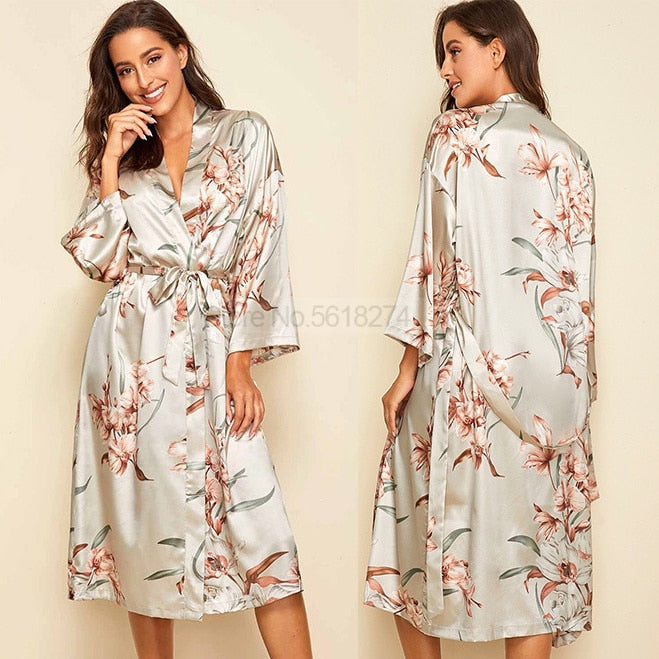 Print Flower Nighty&Robe Suit Sleepwear Sexy Satin Kimono Gown Women Bathrobe Intimate Lingerie Nightwear Silky Nightgown