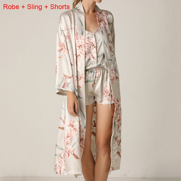 Print Flower Nighty&Robe Suit Sleepwear Sexy Satin Kimono Gown Women Bathrobe Intimate Lingerie Nightwear Silky Nightgown