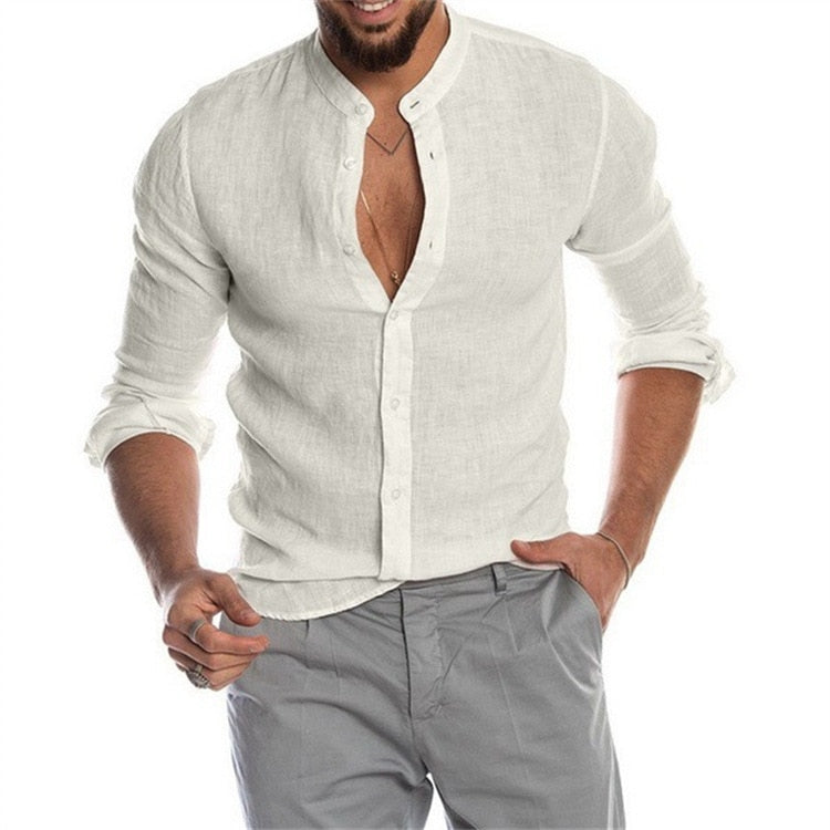 Solid Color Linen Long Sleeve Shirt Cardigan Long Sleeve Men's Shirt